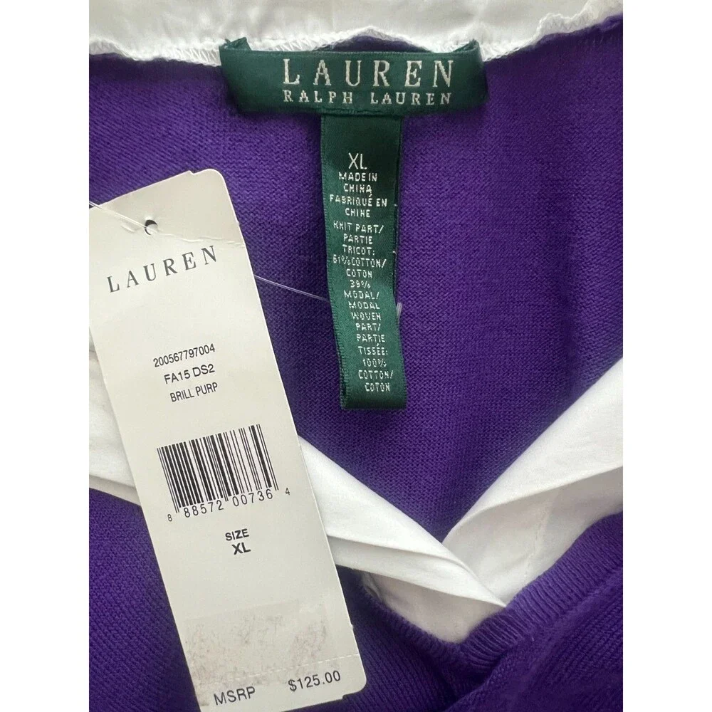 Lauren Ralph Lauren Layered Look Shirt Tail Sweater Purple/White Sz XL NWT